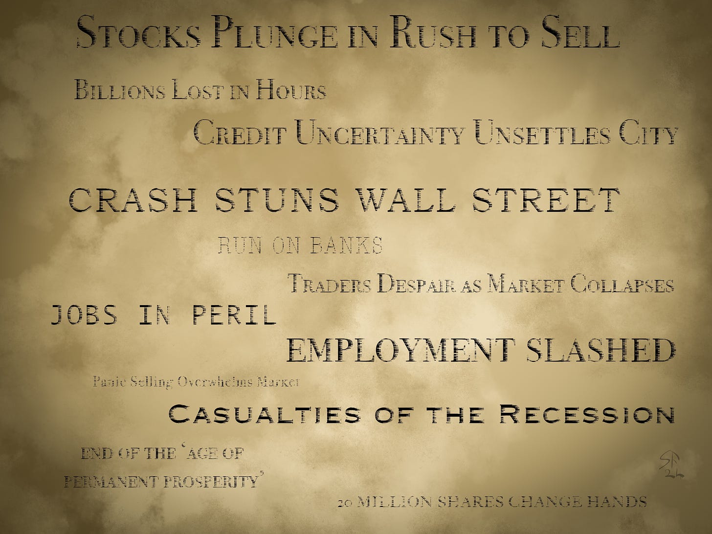 Headlines from the Great Depression on a dark, stormy ground