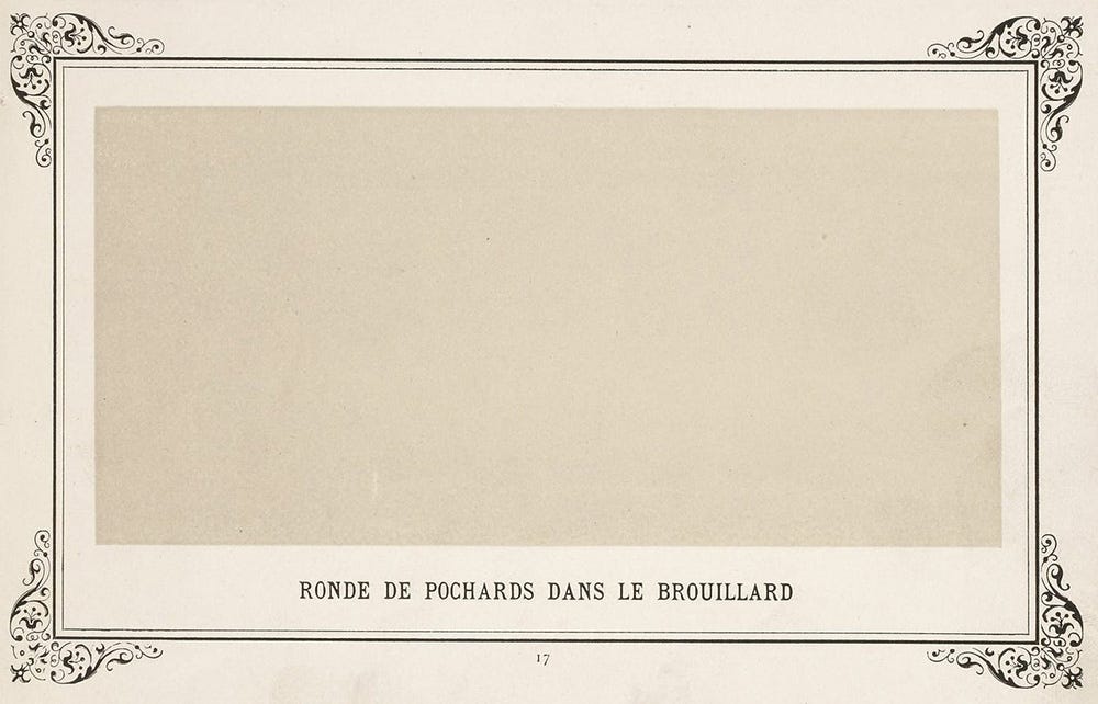 Una cornice con all'interno un rettangolo colorato di beige, senza nessun disegno o figura. Al centro, in basso, si legge (in francese): "Danza di ubriachi nella nebbia".