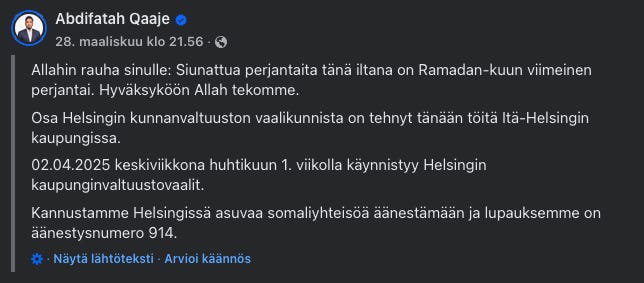 Qaajeen kampanja perustui pelkästään ääriuskonnollisten muslimimaahanmuuttajien, erityisesti Somaliasta kotoisin olevien sunni-salafistien, houkuttelemiseen — joista osa heistä on kytköksissä Somalian islamilaiseen al-Shabaabin terroristijärjestöön. Qaajeen kampanja perustui pelkästään ääriuskonnollisten muslimimaahanmuuttajien, erityisesti Somaliasta kotoisin olevien sunni-salafistien, houkuttelemiseen — joista osa heistä on kytköksissä Somalian islamilaiseen al-Shabaabin terroristijärjestöön.