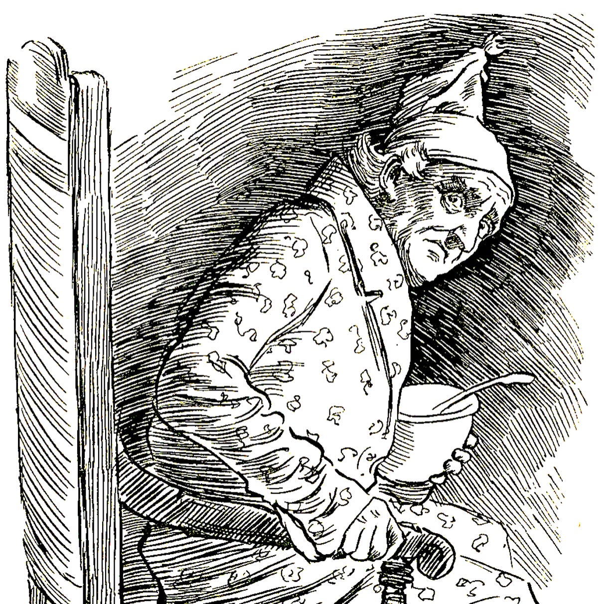 Black and white illustration of Scrooge from a Christmas Carol by Charles Dickens