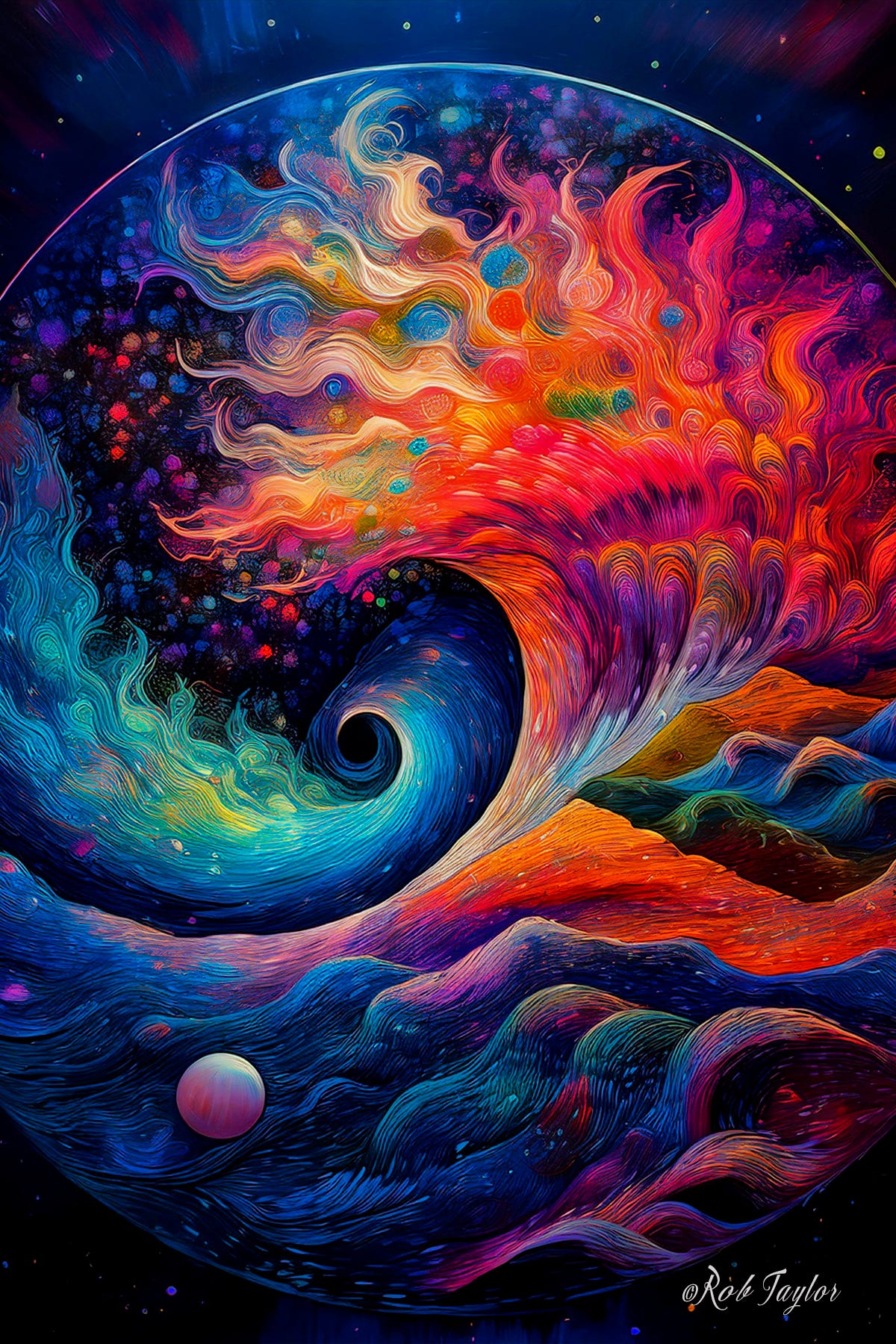Vivid, swirling abstract artwork of vibrant cosmic waves in blues, oranges, and pinks, symbolizing the transformative energy of gratitude and expanded consciousness.