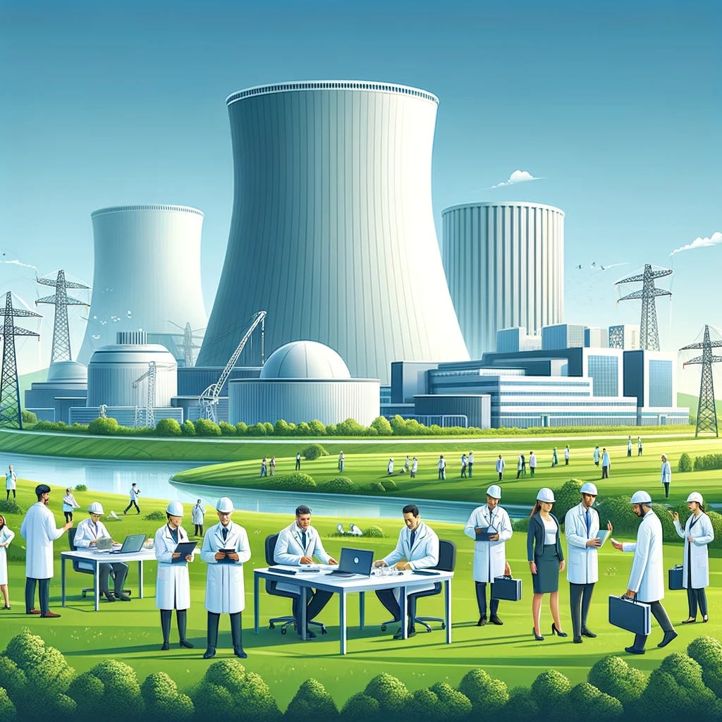 A modern nuclear power plant with advanced safety features set against a clean, green landscape to symbolize sustainable energy. Include a diverse group of scientists and engineers working together in the foreground, demonstrating collaboration and innovation. The sky should be clear and blue, signifying a pollution-free environment. The design should convey a sense of safety, modernity, and environmental friendliness.