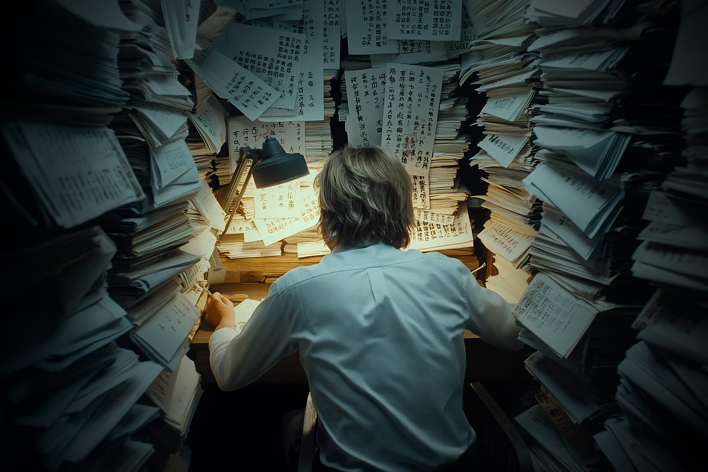 A man writes at a desk with stacks of paper around him and papers with Chinese writing tacked to the wall in front of him.