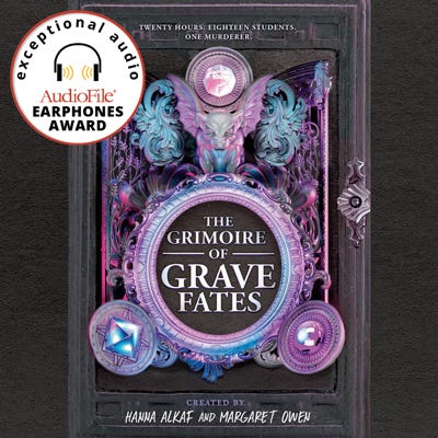Cover art for THE GRIMOIRE OF GRAVE FATES featuring a stone gargoyle watching over the title text, flanked by a blue and a pink gem on either side. The AudioFile Magazine’s Earphones Award badge is pasted in the upper corner.