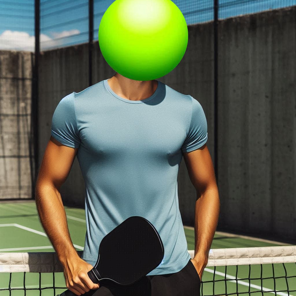 Photo of an attractive man wearing a well-fitting untucked blue t-shirt and black shorts standing alone near a pickleball net, holding a black pickleball paddle. It's a beautiful day. The man doesn't have a head but instead has a basic bright neon green sphere in its place.