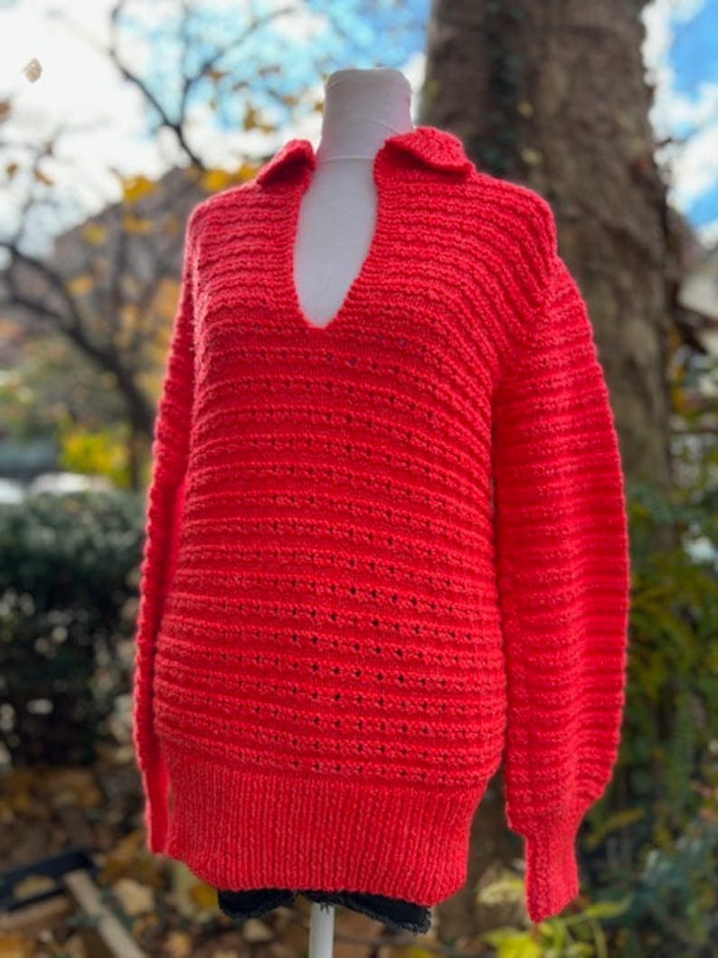 Like Actually Stunning Vintage 80s, Coral Handmade Pointelle Split Neck Knit Sweater with Elastic Cuffs & Waist, and Slightest of Shimmer image 2