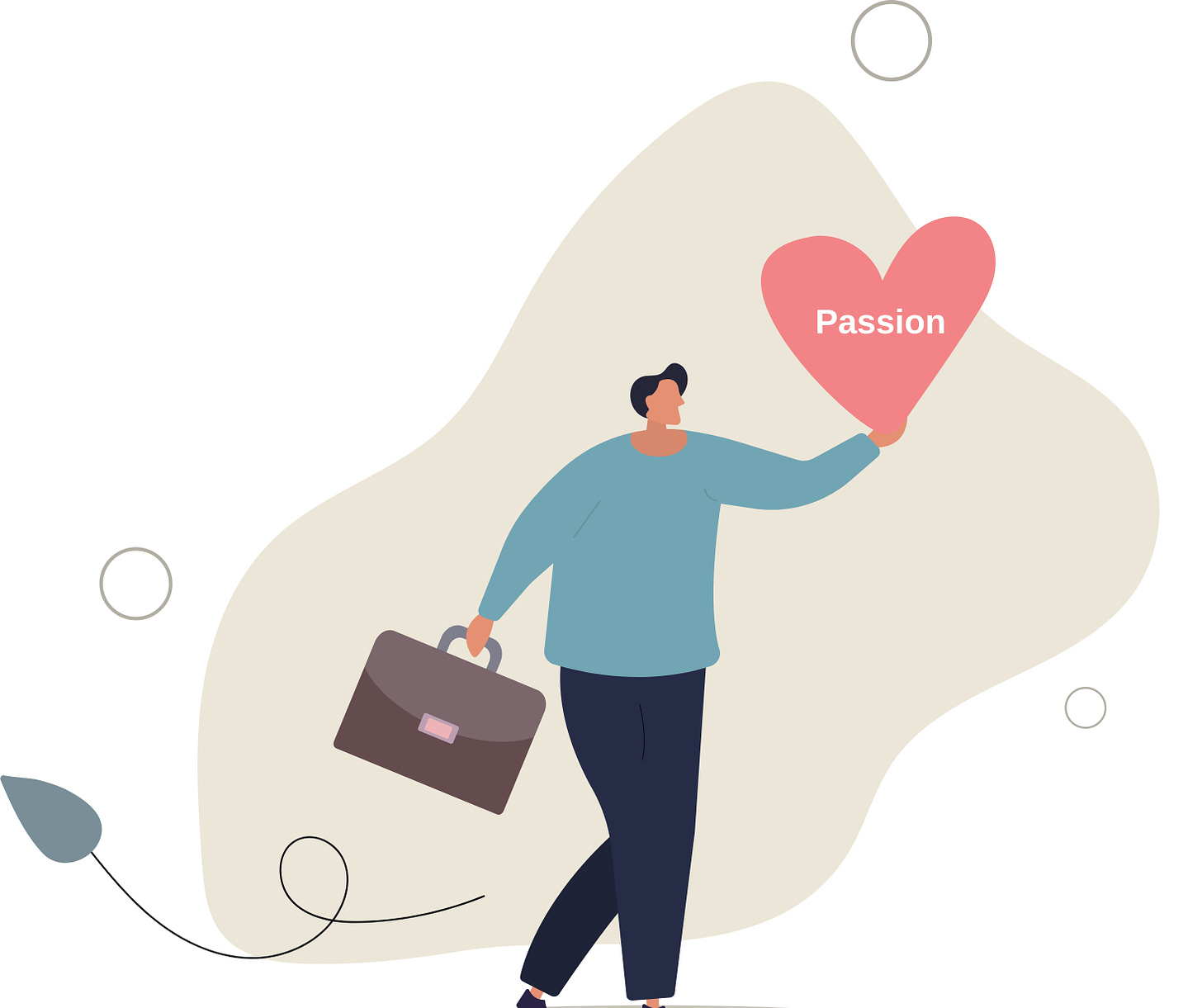 Man holding briefcase while holding up a heart with the word passion on it.