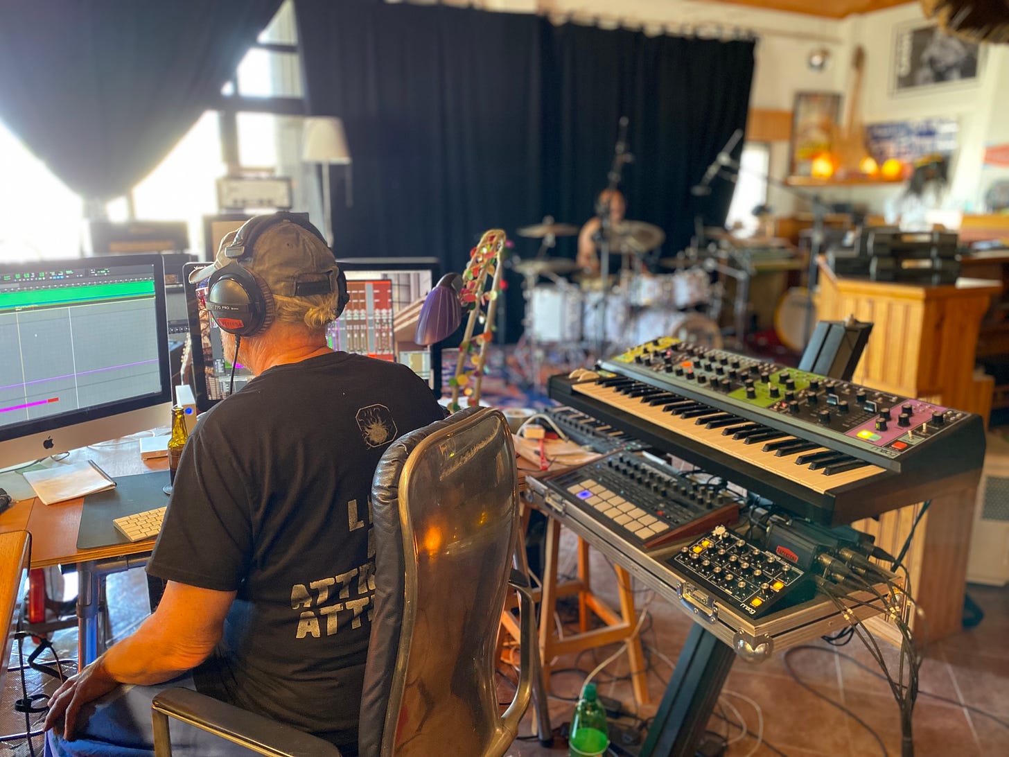 Simon Campbell recording at Supertone studios, Portugal. On the rigth is a Moog Matriach synth, Moog Minitaur and Tempest drum machine!