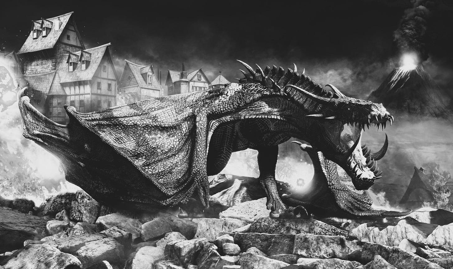 A fire dragon coming out of the rubble of a village he has destroyed.