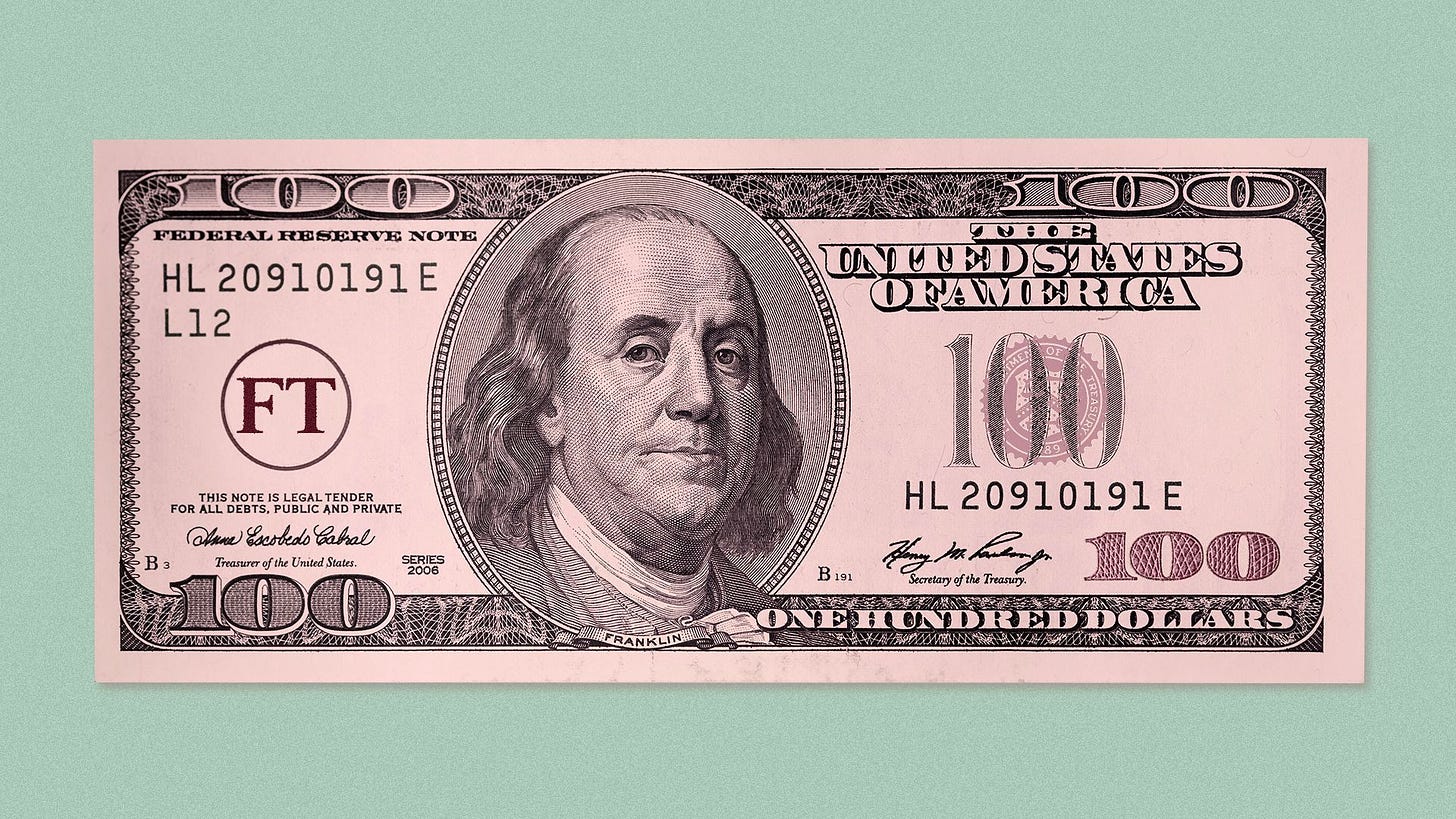 Illustration of a hundred dollar bill printed on pink Financial Times newsprint paper with an FT logo where the US seal would be. 