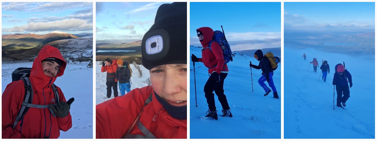 Images: 1. Other B signalling, what’s that, hang tight? With Rothiemurchus, Loch Morlich and the Ski Centre down below; 2. R + D in the distance faces squinting from the gusts of wind, me trying to evidence it; 3. Me and D heading into the wind; 4. Group shot of us in a line battling the icy wind.