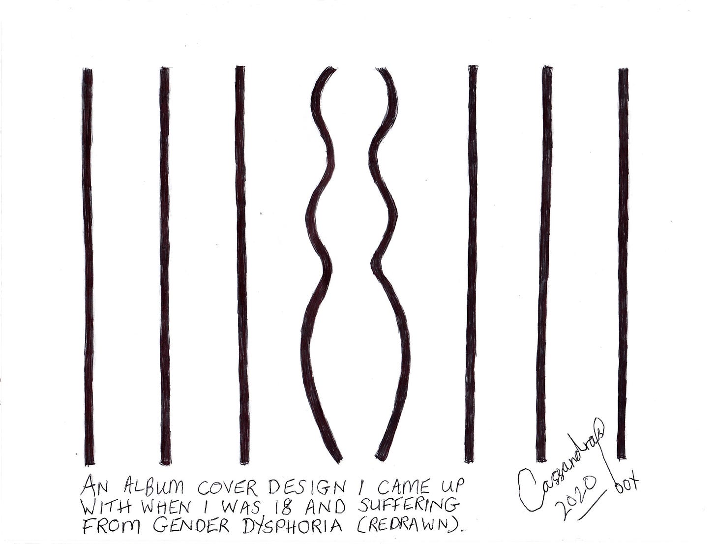 Cartoon showing prison bars with two bent to form a female silhouette, text reads An album cover design I came up with when I was eighteen suffering from gender dysphoria (redrawn).