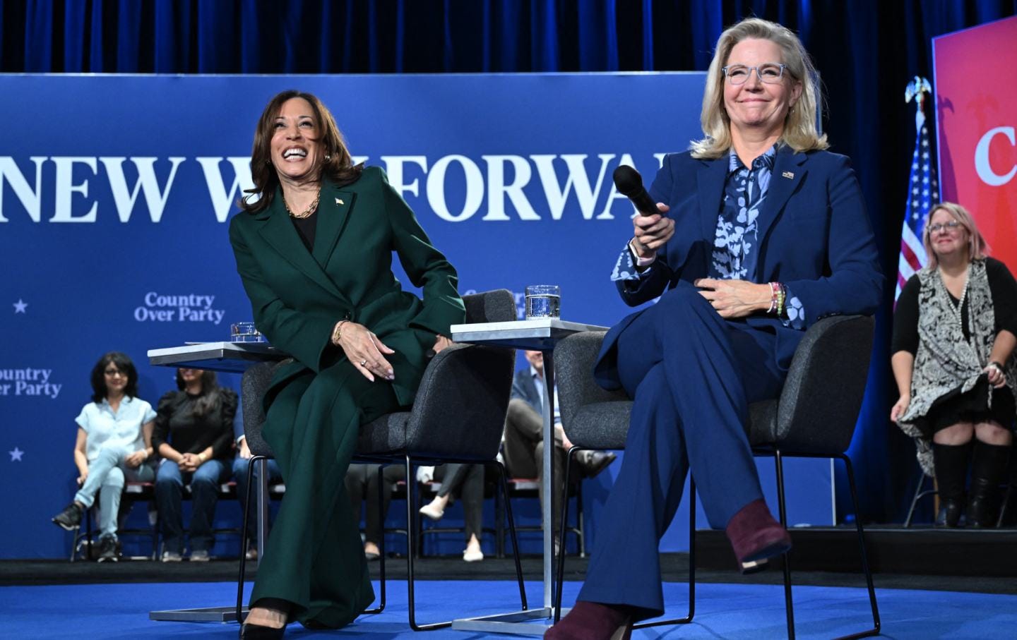 Kamala Harris and former Representative Liz Cheney, Republican of Wyoming, hold a moderated town hall discussion at the Royal Oak Music Theatre in Royal Oak, Michigan, on October 21, 2024.