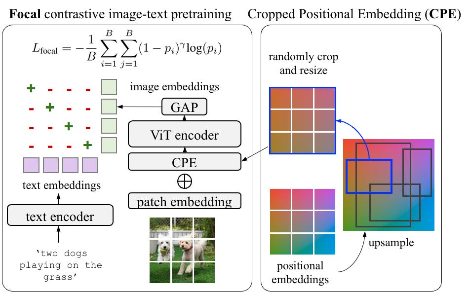For the pre-training, we propose cropped positional embeddings (CPE), which randomly crops and resizes a region of positional embeddings instead of using the whole-image positional embedding (PE). In addition, we use focal loss instead of the common softmax cross entropy loss for contrastive learning.