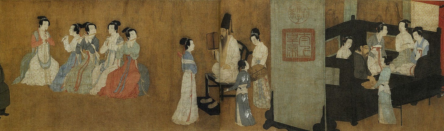 Men and women in the Night Revels of Han Xizai painting, copy after the original painting of Southern Tang painter, Gu Hongzhong.