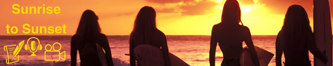 A silhouette of four women with surfboards standing on the beach, facing a stunning sunset. This image captures the 'Sunrise to Sunset' theme, symbolizing the day's journey from dawn to dusk and highlighting unity and shared purpose as they prepare for the challenges ahead.