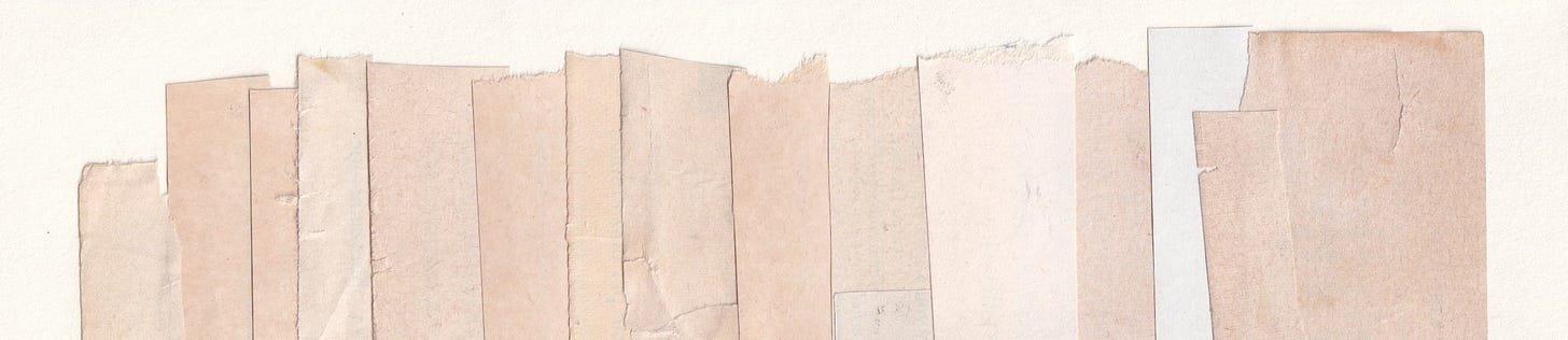 horizontal image of white, ivory, and buff-colored strips of paper with ripped edges used in an ornamental way