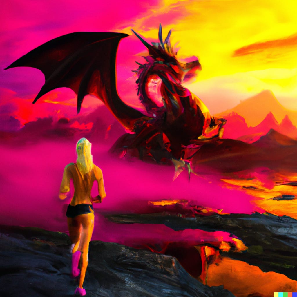 A woman on the left side of the image is running towards the right side of the image. On the right side of the image is a beautiful dragon facing to the right and flying towards the sunset. All done in the style of psychedelic vaporware