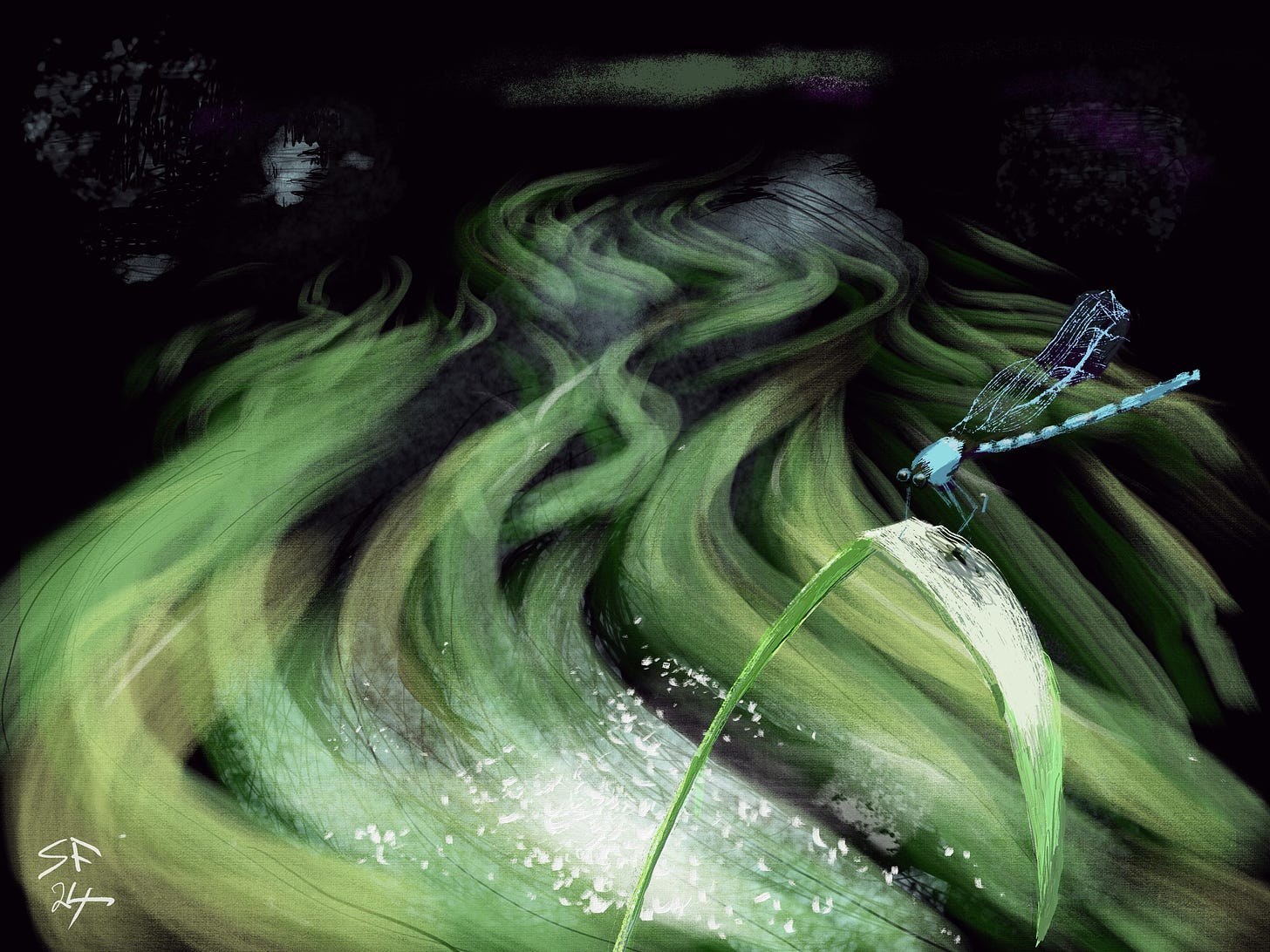 Pastel scene on a dark ground: streamers of weed in a fast-flowing river; sunlight on the water and in the foreground a damsel fly on a bent reed.