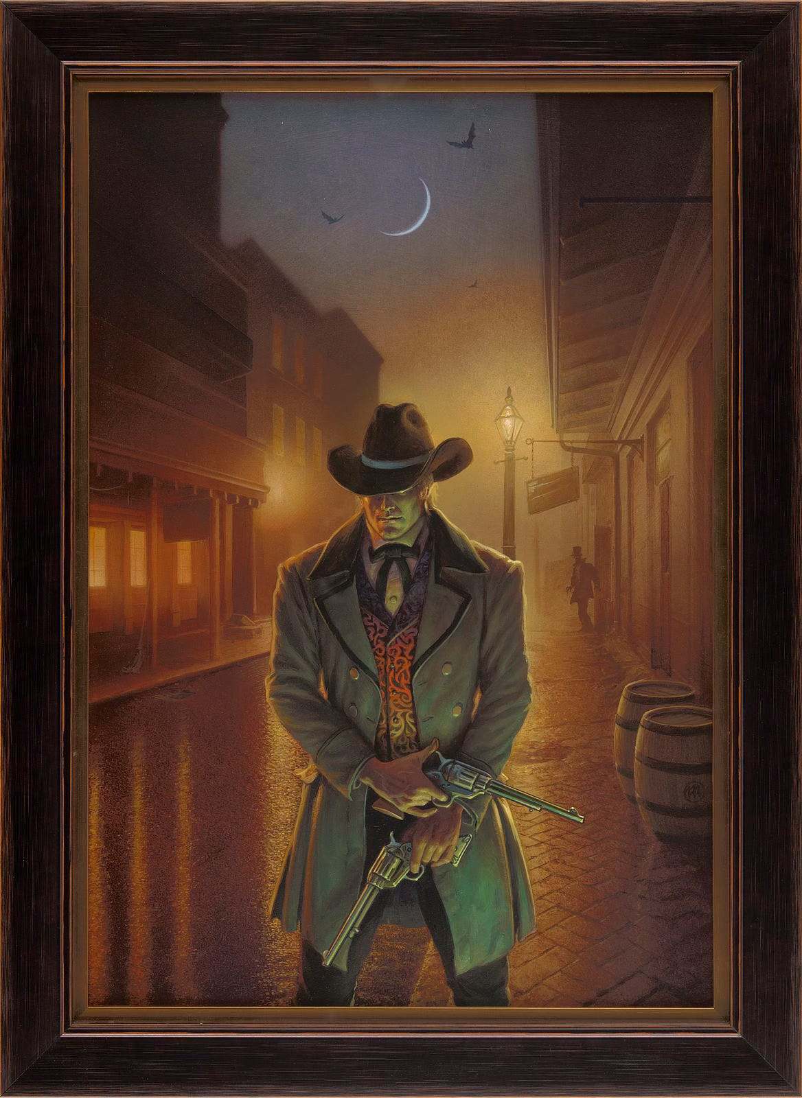 A view down the main street of a western town at night. A man in fancy suit and cowboy hat stands with head down and revolvers crossed in front of him. His thumb cocks the hammer of one gun as he's ready on the triggers of both. His long jacket is confederate gray but the vest underneath is patterned in red. His lapels are notched with the top half dark and the bottom only bordered in black. Light glows warmly from the windows of hastily constructed storefronts casting streaks across on the glistening pebbled street. In the distance behind, a man in top hat steps out onto the cross-bricked sidewalk giving pause as he glances toward Lawson in the foreground. A trio of bats glide about the sharp crescent of moon in the sky above.