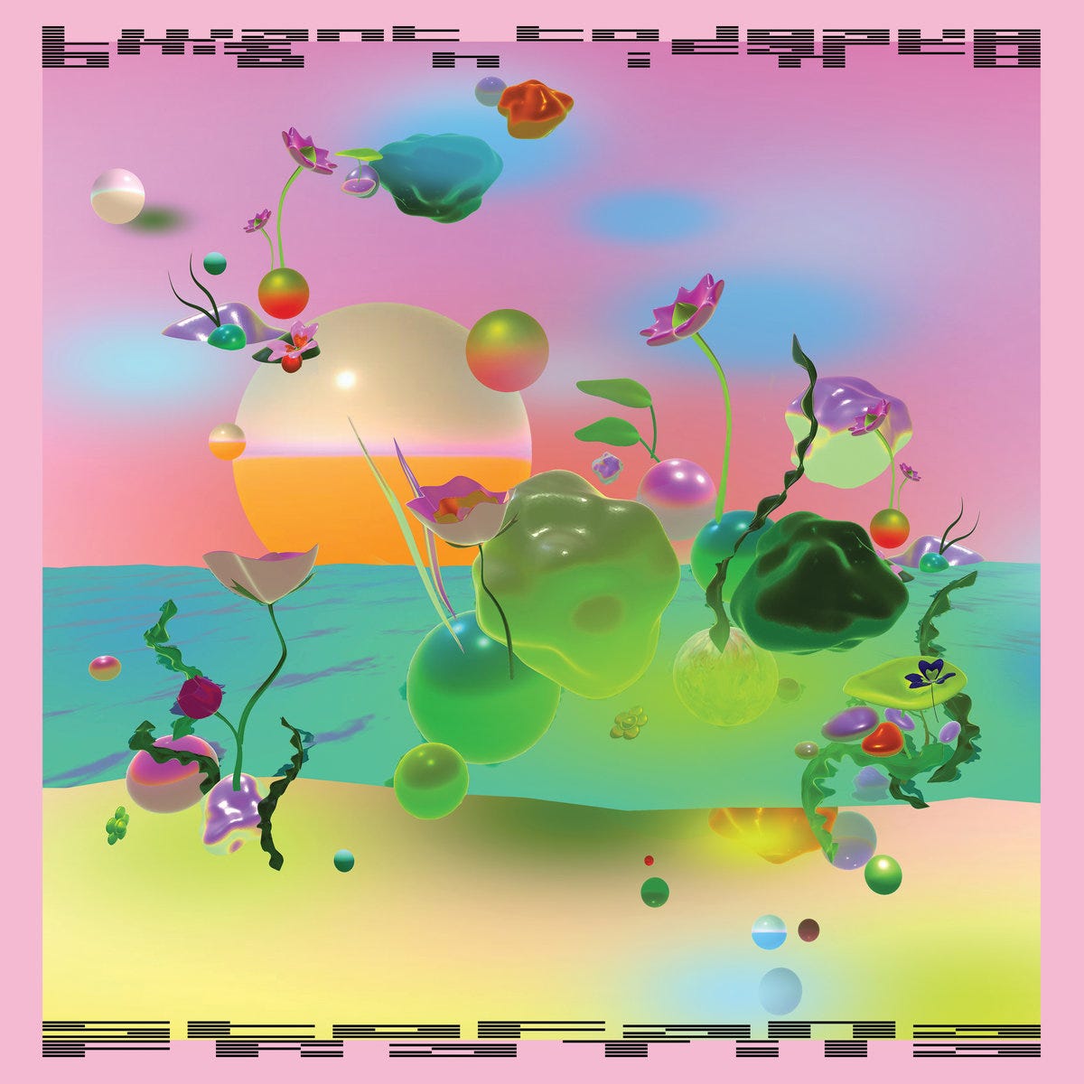 A colourful digital illustration made up of pastel and fluorescent shapes. There is a soft pink border and difficult to decipher black text along the top and bottom sides of the graphic. There is a turquoise ocean and orange sun in the background. There are flowers made up of fantastical forms and spheres of varied sizes throughout the graphic.