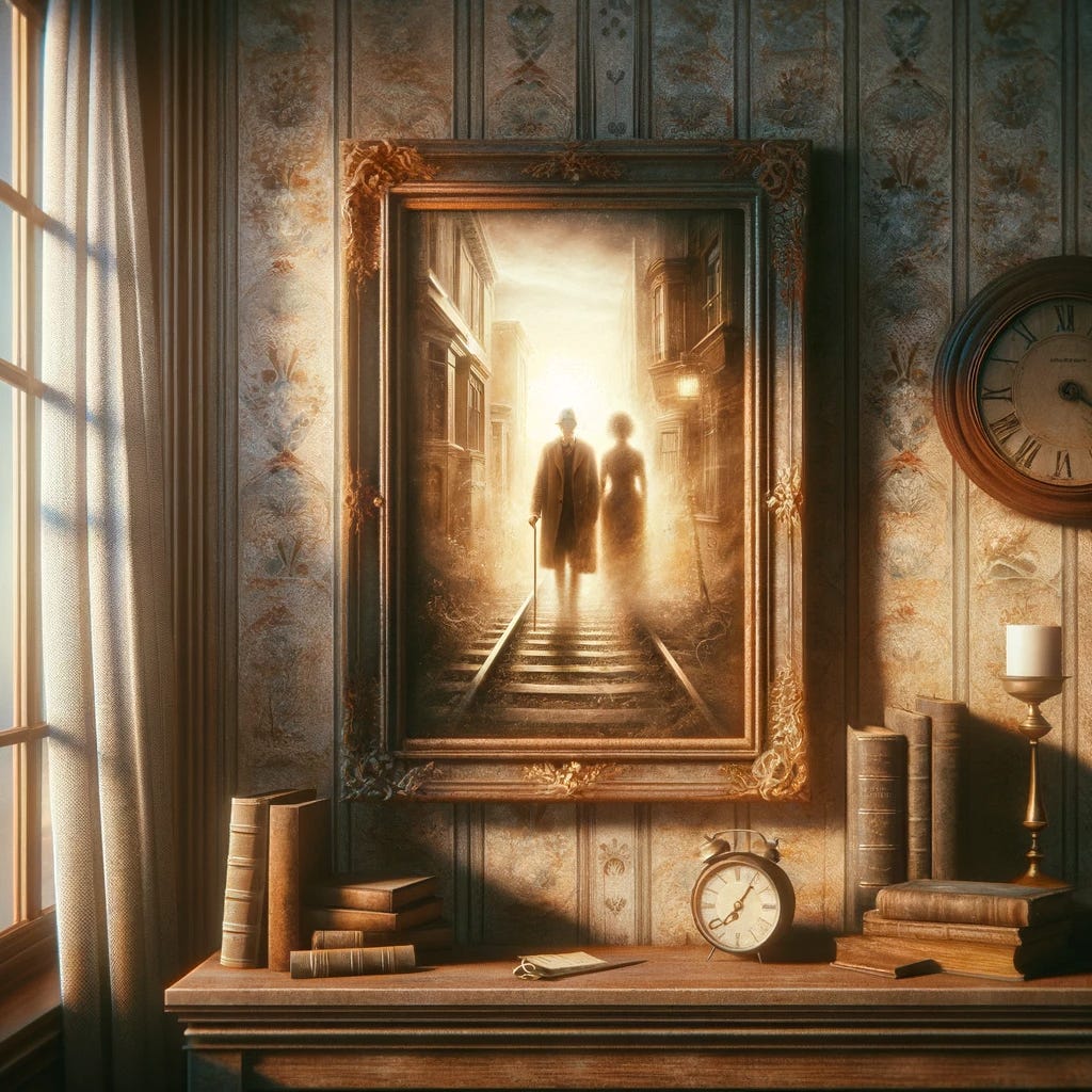 A conceptual image capturing the essence of fleeting memory and the passage of time. The image should depict an old, faded photograph hanging on a wall, symbolizing the transient nature of life and memory. The photograph could be of a person or a family, representing how people become distant memories over time. The setting should evoke a sense of nostalgia and the passage of generations, with elements such as vintage wallpaper or an antique frame to enhance the feeling of a bygone era. The overall atmosphere should be contemplative, highlighting the inevitability of change and the impermanence of our physical existence.