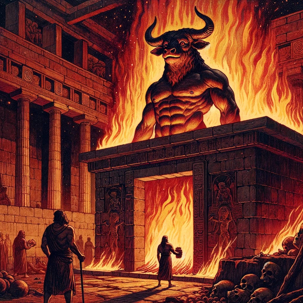 Illustrate the Canaanite god Moloch in a traditional depiction, emphasizing the aspect of fire. Moloch is portrayed with a bull's head, complete with horns, and a muscular human-like body. The deity stands before a large, fiery furnace, into which offerings are being made. The scene is somber, with the flames casting a glow on Moloch's figure and the surrounding area. The background should include ancient Canaanite architectural elements to set the scene. The color palette includes deep reds, oranges, and yellows of the fire, contrasting with the dark, earthy tones of Moloch and the environment.
