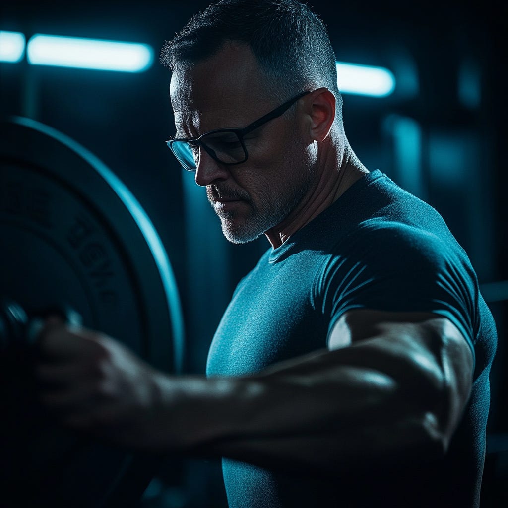 Older muscular man putting plates on a barbell to strength train.