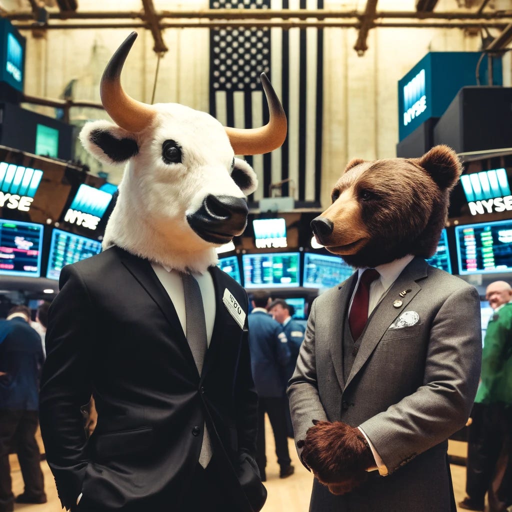 In the bustling atmosphere of the New York Stock Exchange, we find two distinct anthropomorphic characters at the heart of the trading floor's energy and activity. One is a bull, standing tall and clothed in an elegant, sharp suit that speaks to its bullish outlook and unyielding confidence in the market's potential. Its horns are polished, blending seamlessly into its professional attire, symbolizing strength and optimism. Beside the bull, a bear presents a stark contrast, embodying caution and a readiness for market downturns. This bear, also dressed in a refined suit, reflects a strategic and careful approach to trading, with its fur subtly peeking out from its clothing, hinting at its inherent nature. Together, they engage in stock trading, analyzing screens filled with fluctuating market data, discussing strategies, and making calls. The scene captures their dynamic relationship against the backdrop of the NYSE, with traders bustling around, screens blinking with live updates, and the air filled with the essence of high-stakes financial decisions.