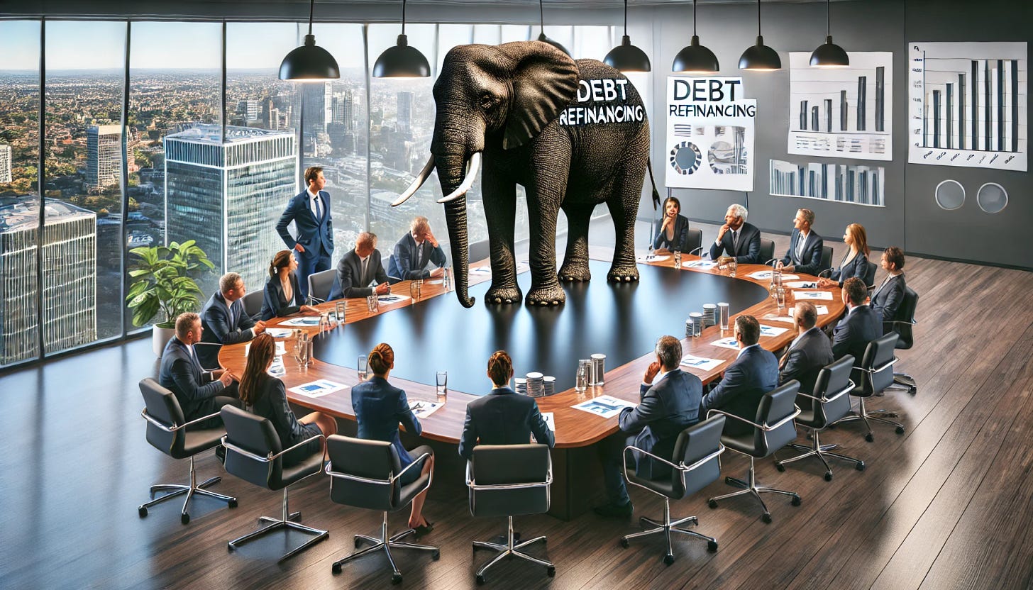 An image depicting 'the elephant in the room' in a corporate real estate setting. The scene should be an elegant, modern office with large windows and a conference table surrounded by businesspeople in suits, looking tense. In the middle of the room, there is a large, realistic elephant standing on the table. The elephant should have labels on it representing 'debt refinancing' to symbolize the major risk. The background includes typical office elements such as charts, plants, and a cityscape visible through the windows.