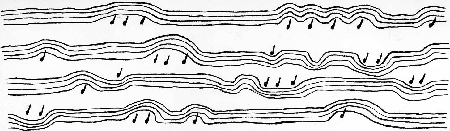 Musical notes dance underneath and over abstract black lines on a white background, creating a wavy, rhythmic pattern.