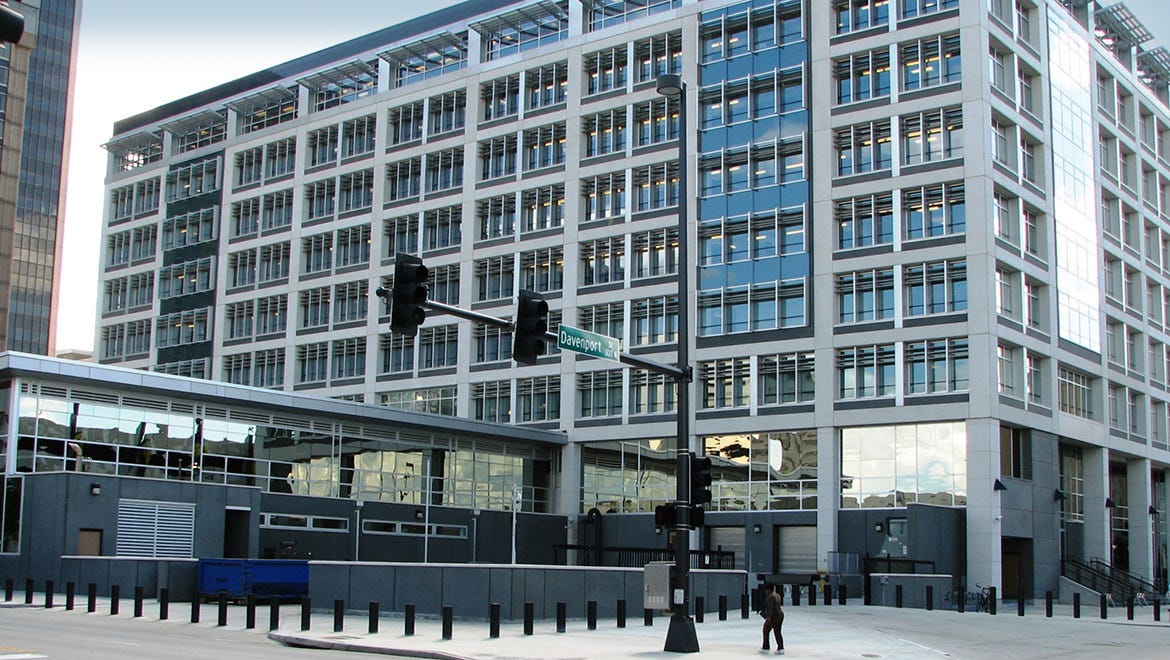 Quarter view of the Edward Zorinsky Federal Building in Omaha, Nebraska