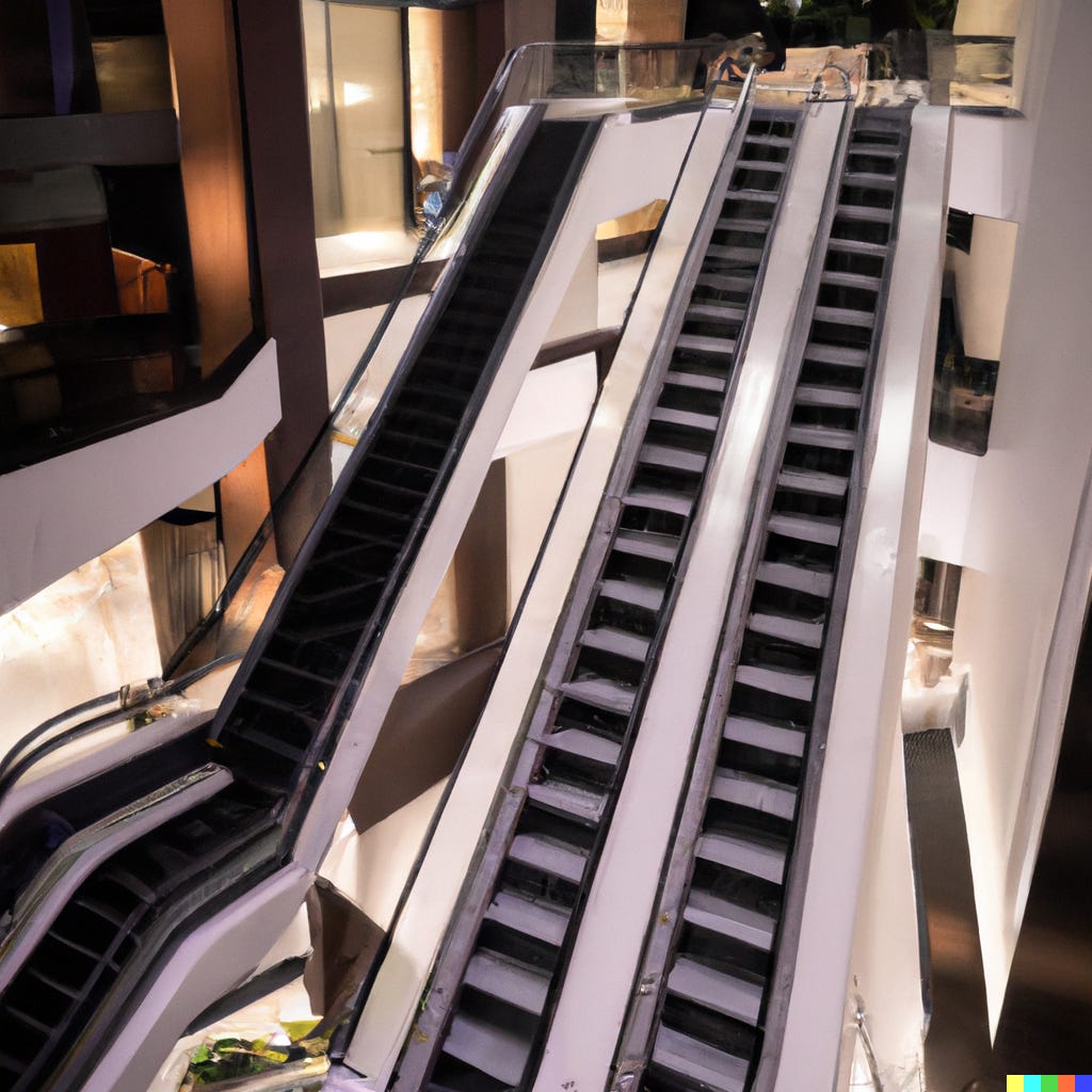 image of a set of open air escalators in a large empty hotel atrium
