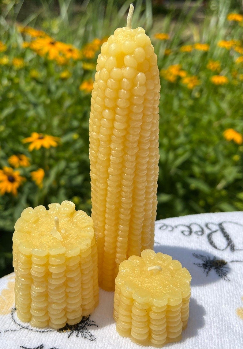 Corn Cob Beeswax Candle made with Pure USA Beeswax, Cotton Wick Unscented Sweet Corn Candle Set of all 3 sizes