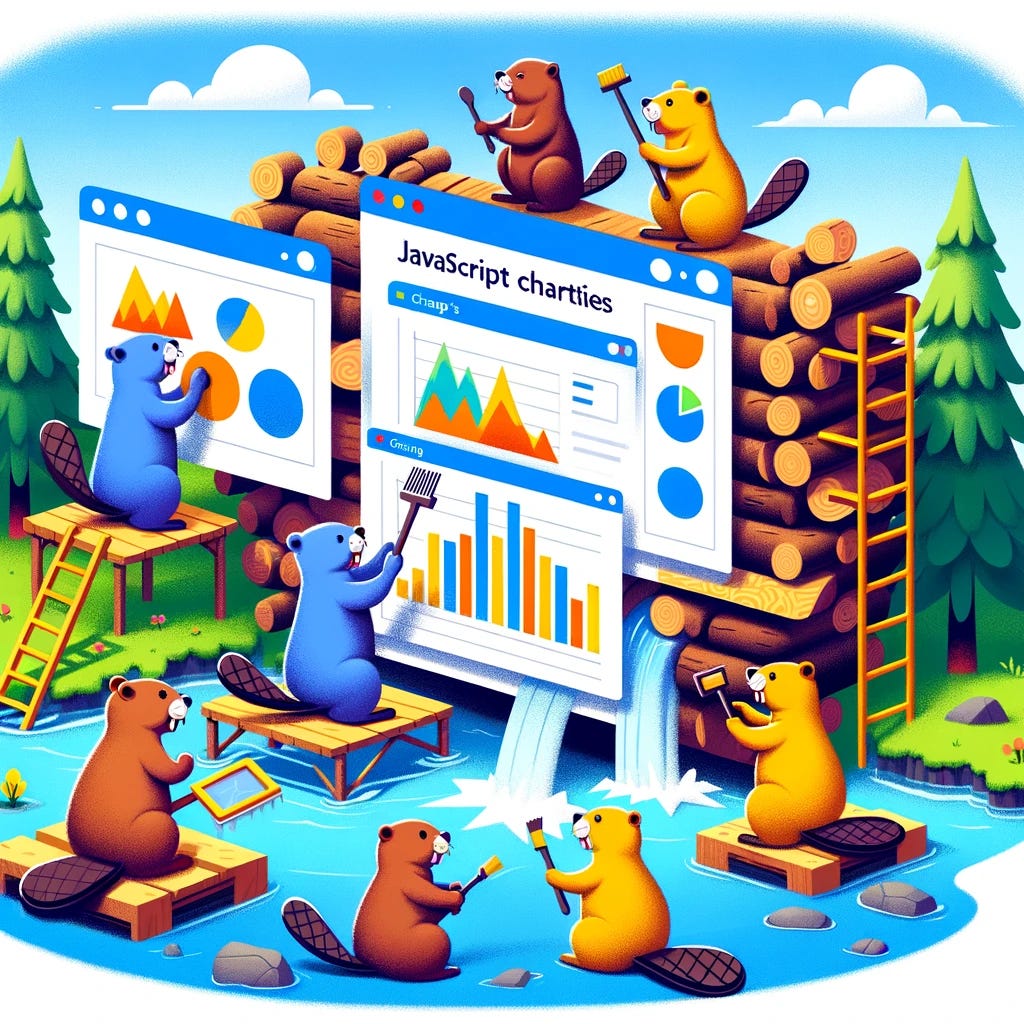 An engaging and colorful illustration showing a group of beavers constructing a dam using various charts and graphs. This scene creatively represents the comparison of JavaScript charting libraries such as Chart.js, D3, and ECharts, highlighting their unique features and customizability.