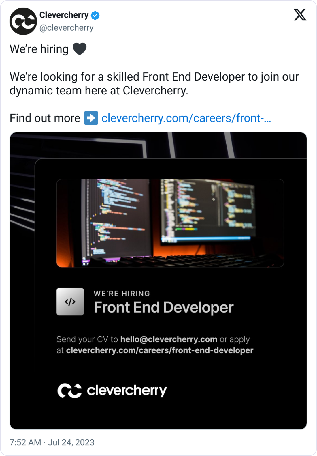 Clevercherry @clevercherry We’re hiring 🖤  We're looking for a skilled Front End Developer to join our dynamic team here at Clevercherry.  Find out more ➡️ https://clevercherry.com/careers/front-end-developer