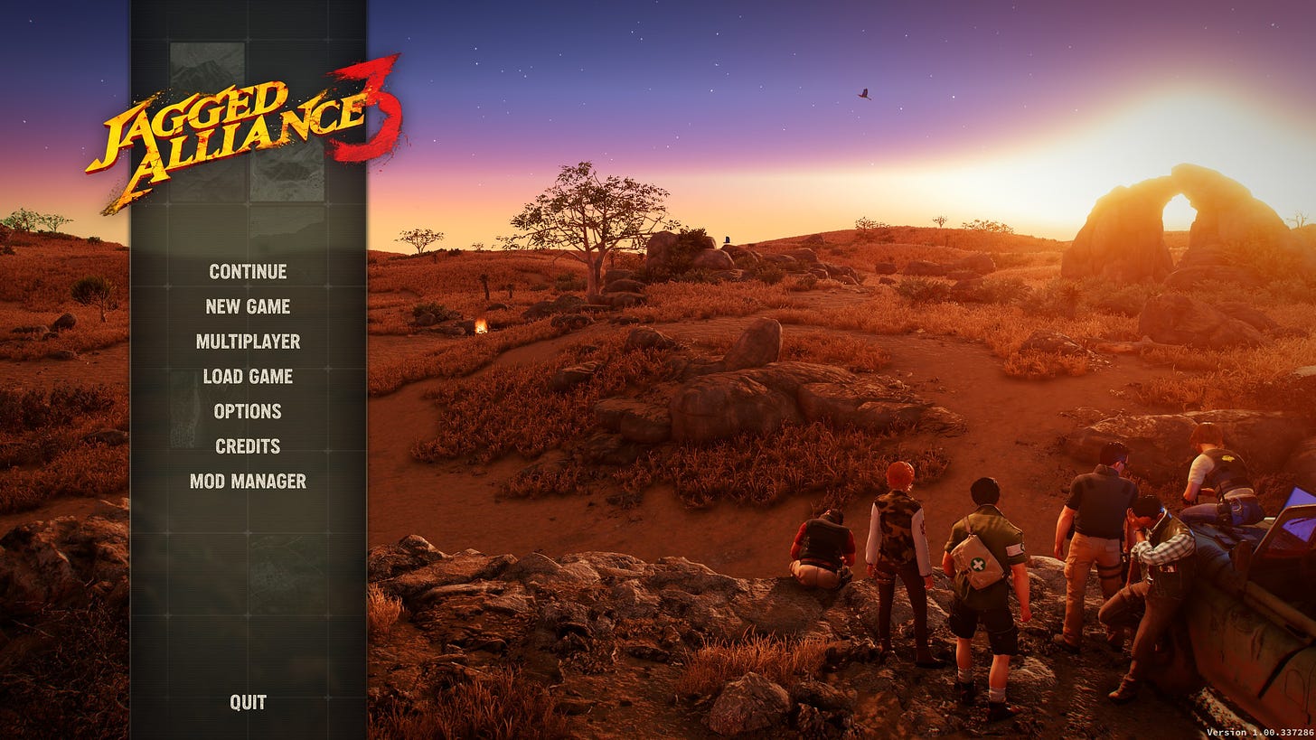 A screenshot of the game Jagged Alliance 3 showing the main menu on the left under the logo, and a render of the mercenaries looking towards the African savannah at sunset.