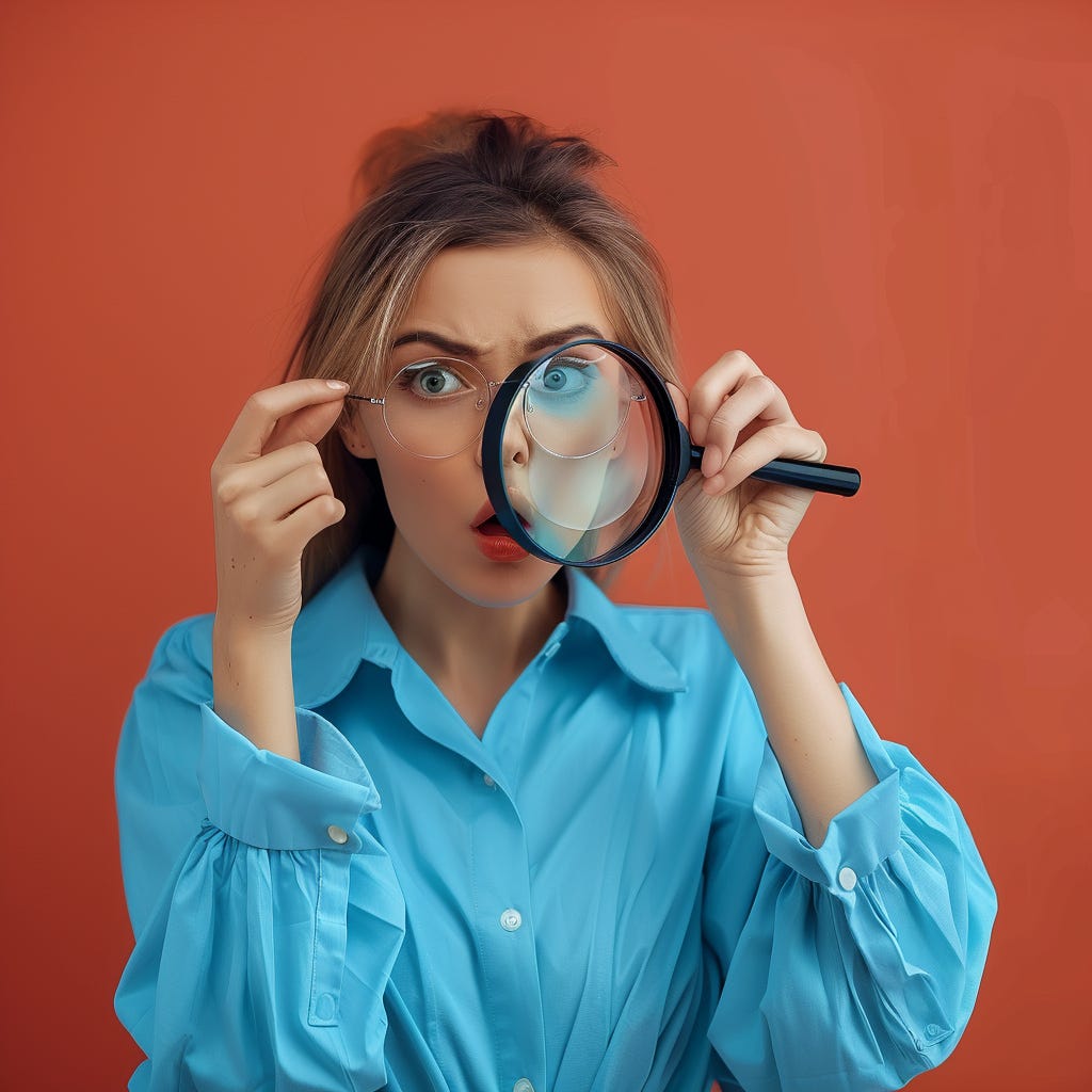 A young woman in a blue blouse is looking through a magnifying glass, against an isolated background. The young businesswoman is searching for something using the large lens and looking directly at the camera, and amazed expression. A girl is looking through the lens of an eye. Close-up portrait photography, as if a surprised girl searching for information with big eyeglasses and her hands up, holding a magnifier against a red wall. This is a close-up portrait of a funny female detective., holdi