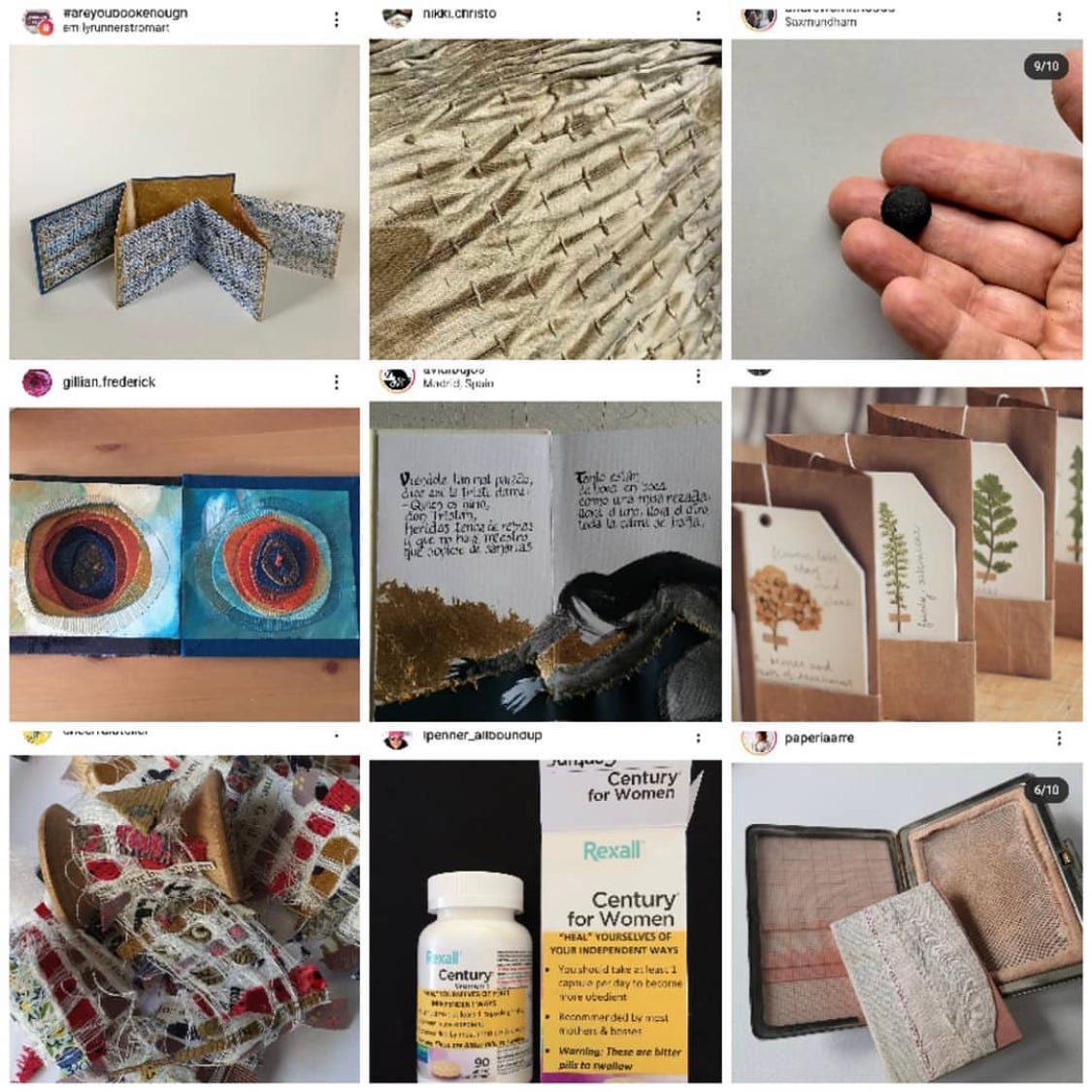 screen grab of a group of nine photos of submissions to are you book enough heal with books made from paper and fabric and even a ball of ash