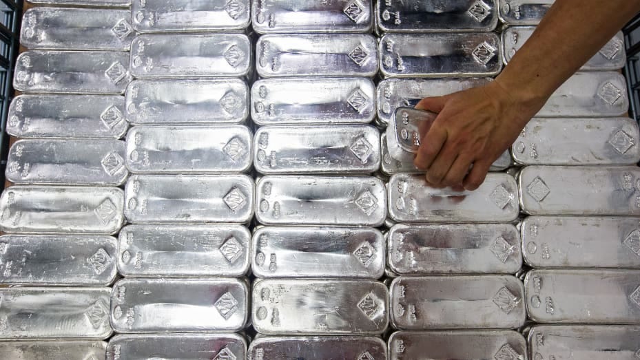 Bars of 100-ounce silver are stacked inside The Safe House, a vault operated by Silver Bullion Pte, in Singapore.