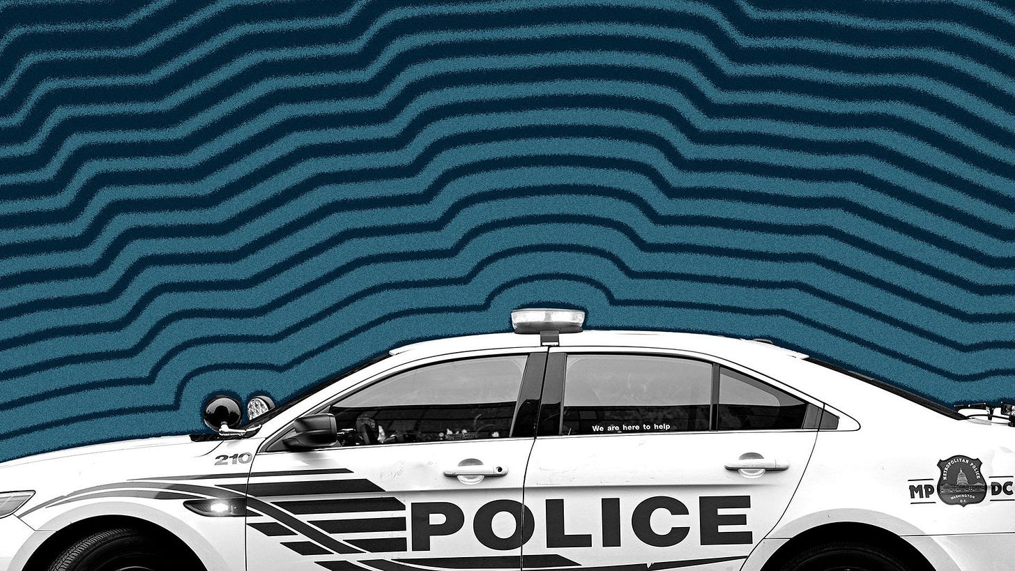 Photo illustration of a Metropolitan Police cruiser with lines radiating from it.