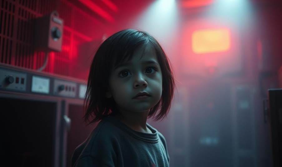 A child looking up in a room with red lights

AI-generated content may be incorrect.