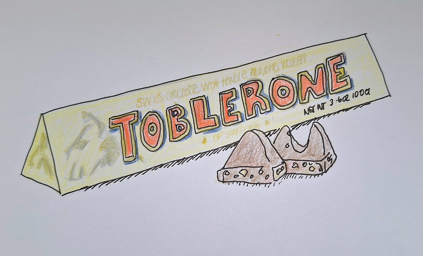Pen and ink sketch with coloured pencil of a Toblerone chocolate bar from 1975.  Two chunks of chocolate are in front of the package.