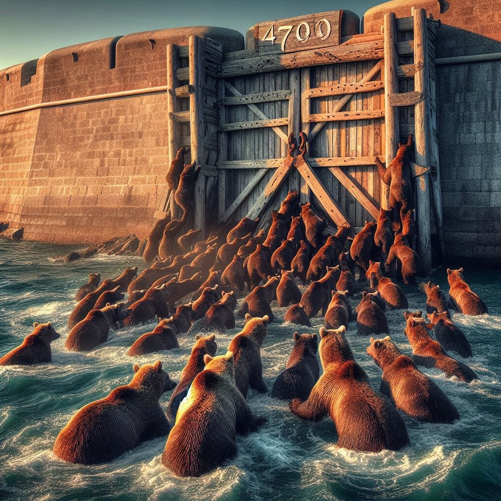 A hyperealistic HDR photo of 40 bears trying to open a big wooden door which says 4700 on it on a fort adjoining an ocean