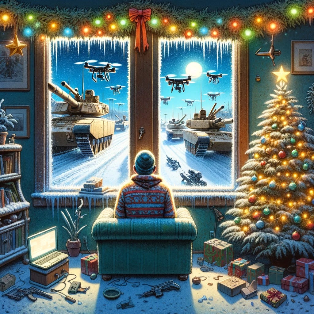 A man facing a window on christmas with tanks and drones marching toward him