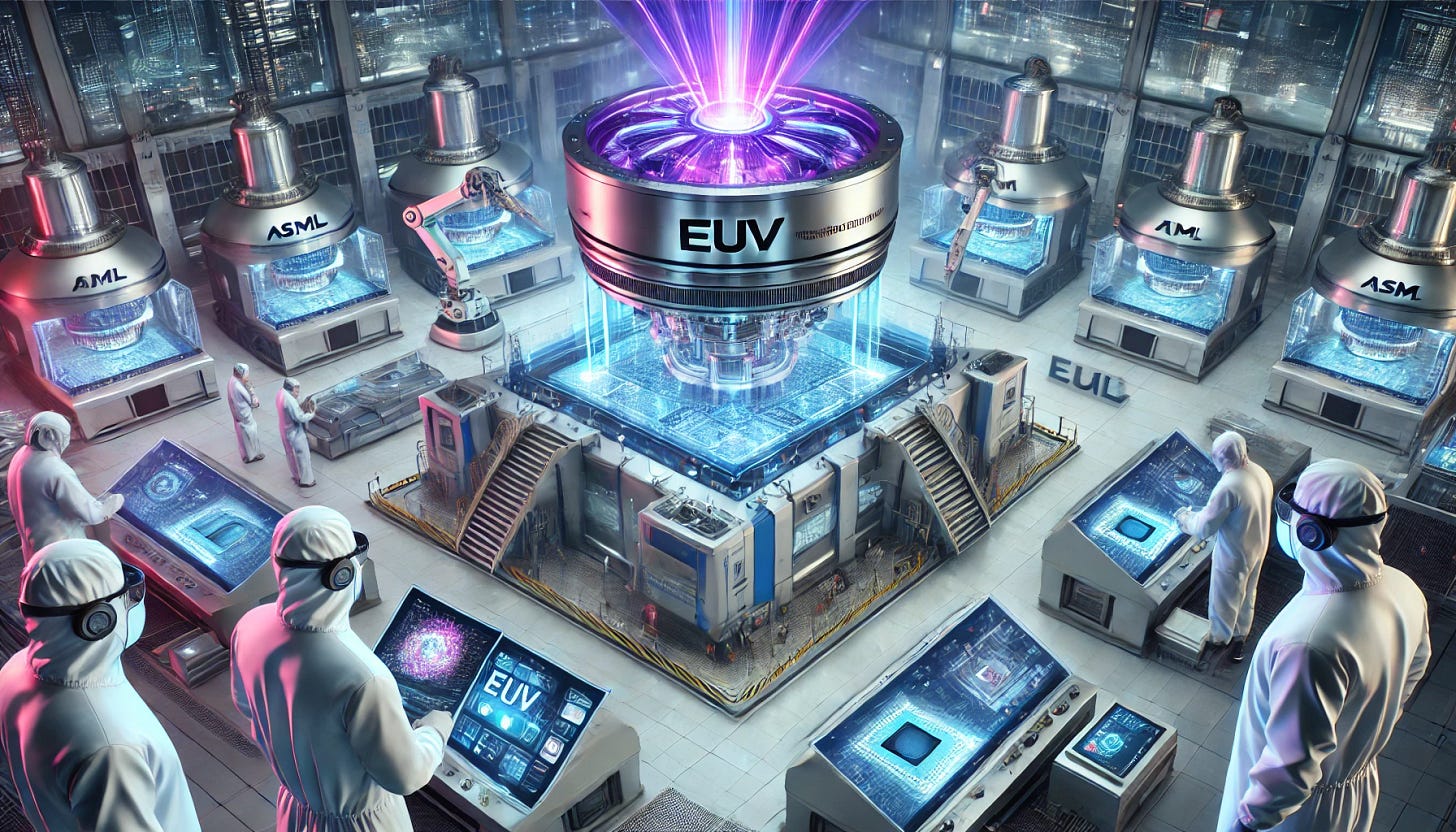 A 16:9 futuristic illustration showcasing ASML's EUV (Extreme Ultraviolet) machines, the most advanced semiconductor lithography technology. The scene features a massive, glowing EUV machine at the center, emitting vibrant purple and blue light beams symbolizing precision lithography. Engineers in cleanroom suits monitor the machine as robotic arms handle silicon wafers. Holographic displays show detailed chip designs and nanometer-scale precision. The background features a high-tech semiconductor fabrication facility with ASML branding subtly incorporated, emphasizing innovation and next-generation chip manufacturing.