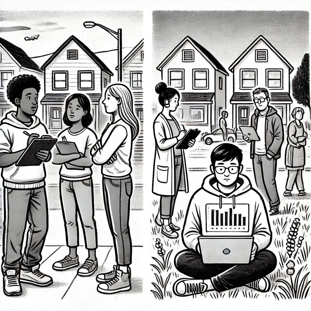 Black and white cartoon of two public health researchers in a neighborhood setting. On the left, a person holding a clipboard asks questions to multi-ethnic community members, representing qualitative research. On the right, another person sits with a laptop, analyzing data, symbolizing quantitative research. The background includes houses and trees, emphasizing a community environment.