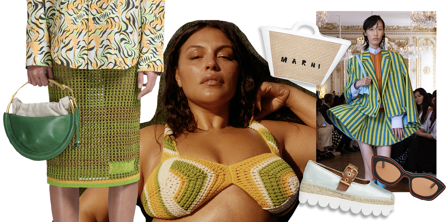 Images of products from Marni, including handbags, skirts, and a photo of model Paloma Elsesser.