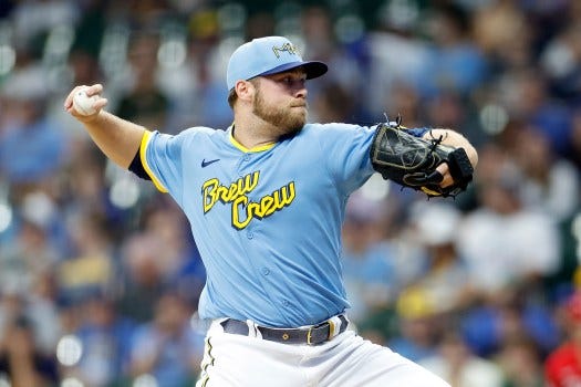 Corbin Burnes finished among the top eight in NL Cy Young Award voting in four straight seasons. (Photo by John Fisher/Getty Images)