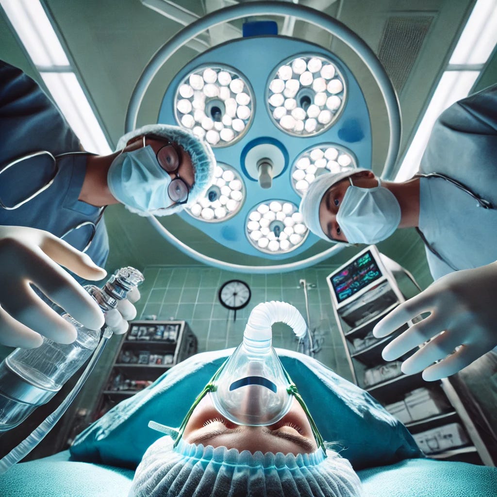 A first-person perspective of lying on an operating table in a surgery theater. Overhead, an anesthesiologist and a surgeon are leaning in, wearing surgical masks and caps, with bright surgical lights shining down from the ceiling. The anesthesiologist holds a mask connected to a breathing apparatus, and the surgeon holds an instrument. The environment is sterile and clinical, with metallic instruments and monitors visible in the peripheral view. The scene conveys a mix of clinical precision and slight tension, just before being put under anesthesia.